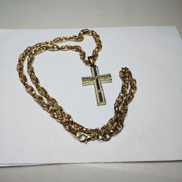 Gold Tone Cross Necklace 24" Chain Clear Crystals Lobster Clasp Faith Jewelry - Picture 2 of 8